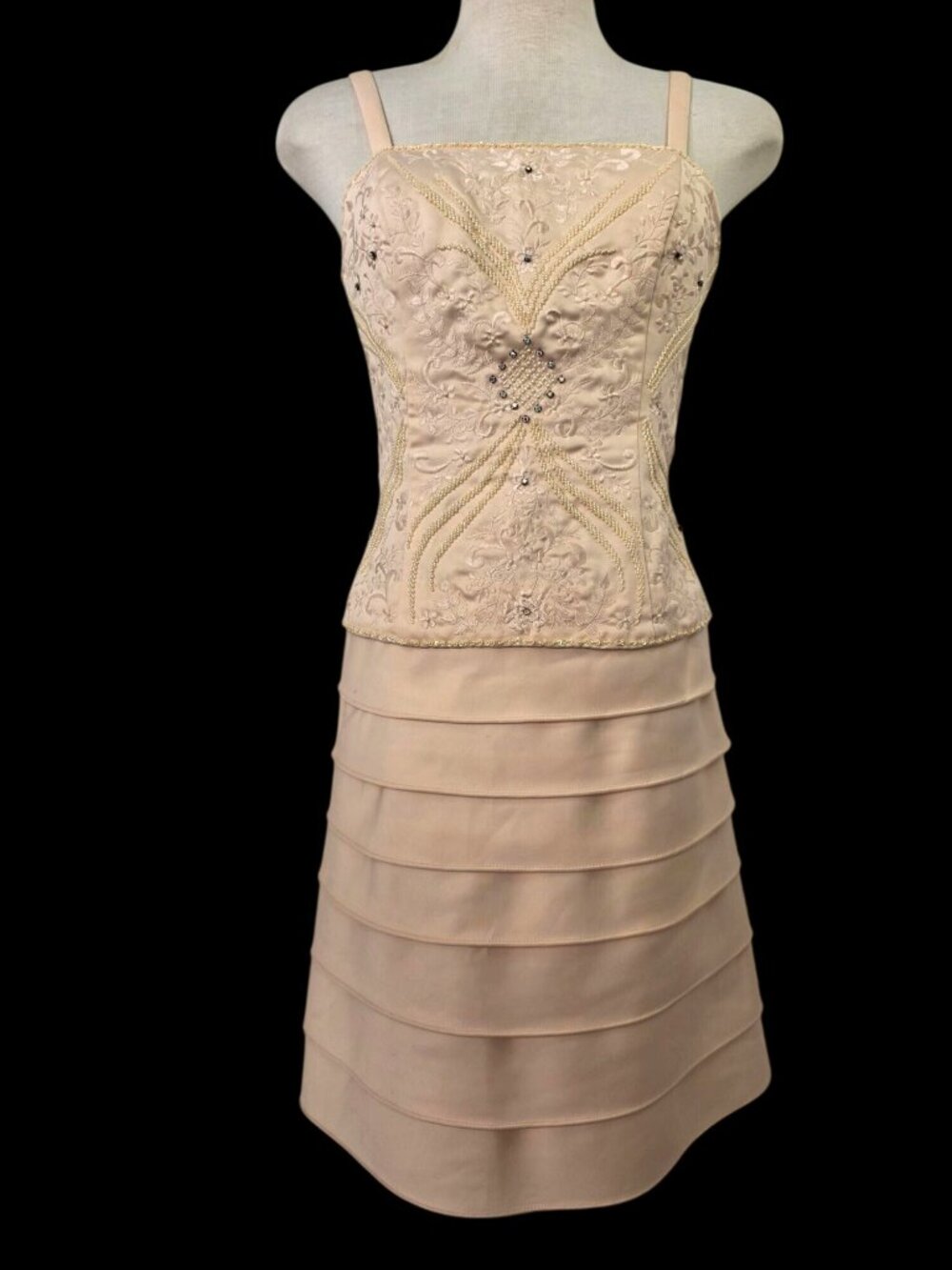 Vintage Miss New York Beaded Champagne Cocktail Dress Sz 8 Embroidered Formal